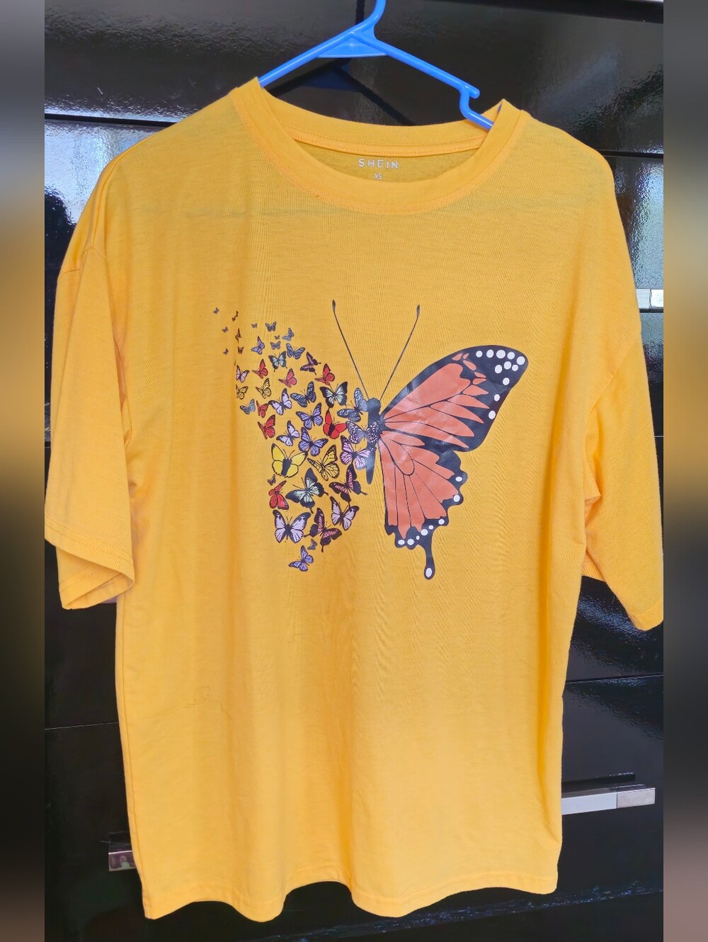 SHEIN Yellow Butterfly Over Sized Burst Short Sleeve Tee